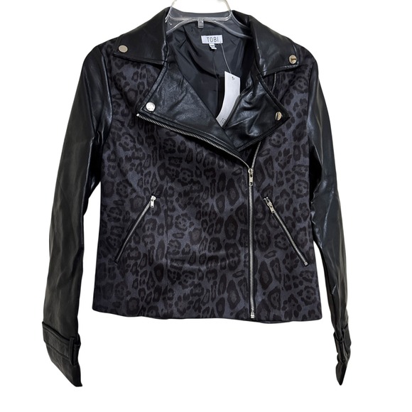 Tobi Jackets & Blazers - Tobi Womens Leopard Print Faux Leather Moto Jacket Black Grey Small FOJ14083I